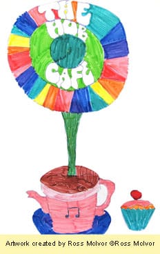 The Hub Cafe artwork: a rainbow-coloured flower growing out of a teacup beside a cupcake
